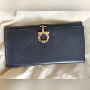 Salvatore Ferragamo Black Leather Continental Wallet with Gold Hardware